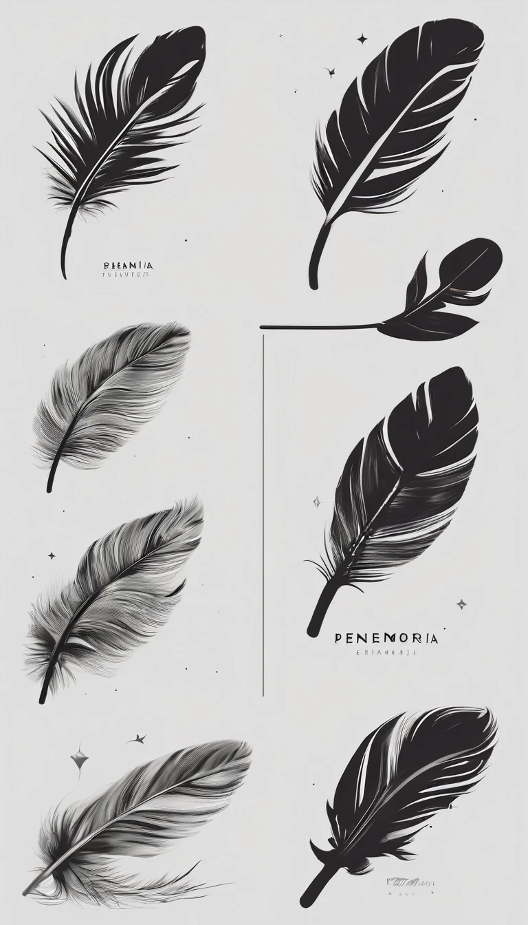 A minimal, modern, simple, cinematic logo design for the brand “Penamemoria". Create a modern, minimalistic, high-quality, logo of a feather with memories. The logo must be a symbol for dreams, stories, memories, music and imagination.