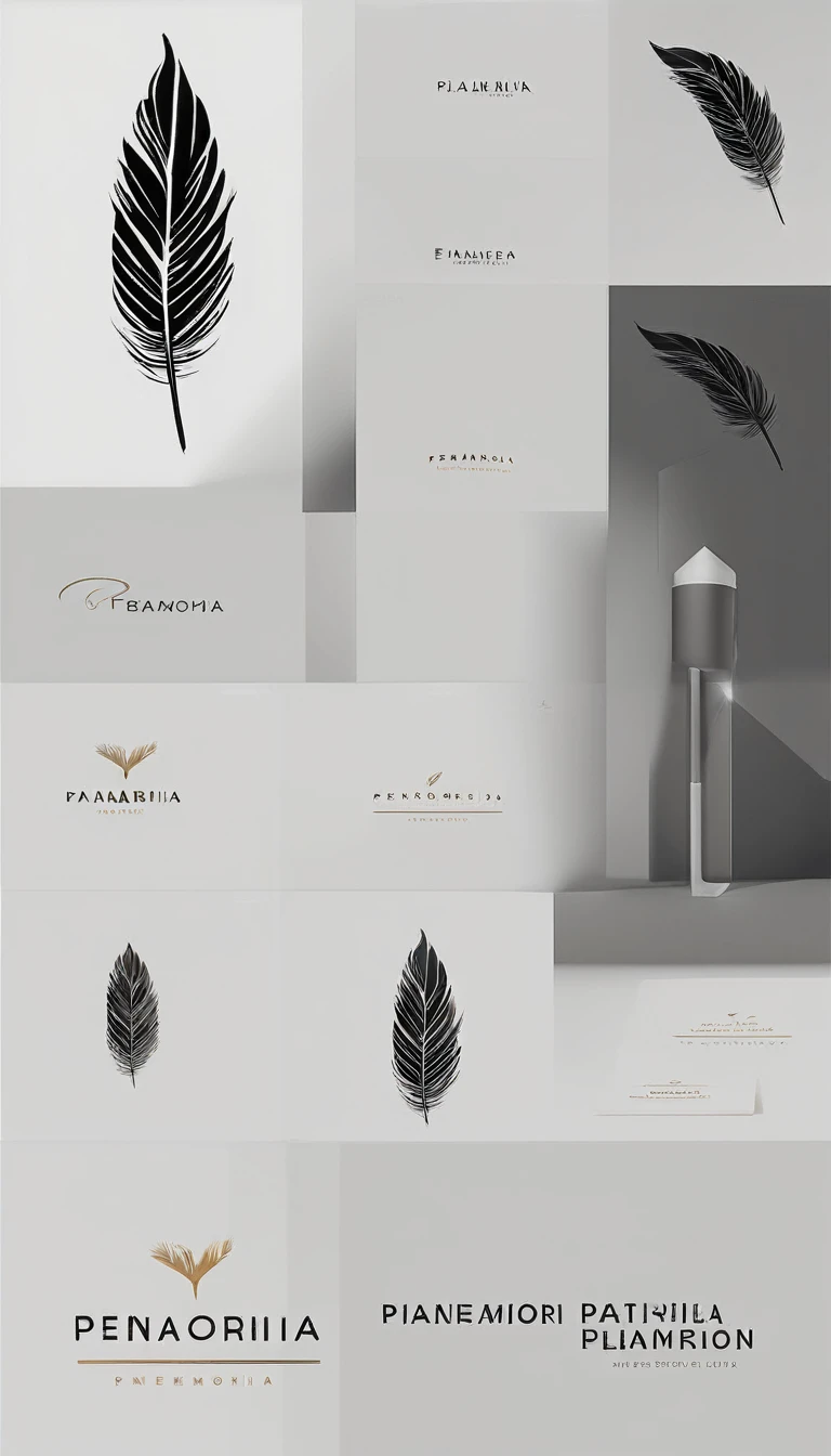 A minimal, modern, simple, cinematic logo design for the brand “Penamemoria". Create a modern, minimalistic, high-quality, logo of a feather with memories. The logo must be a symbol for dreams, stories, memories, music and imagination.