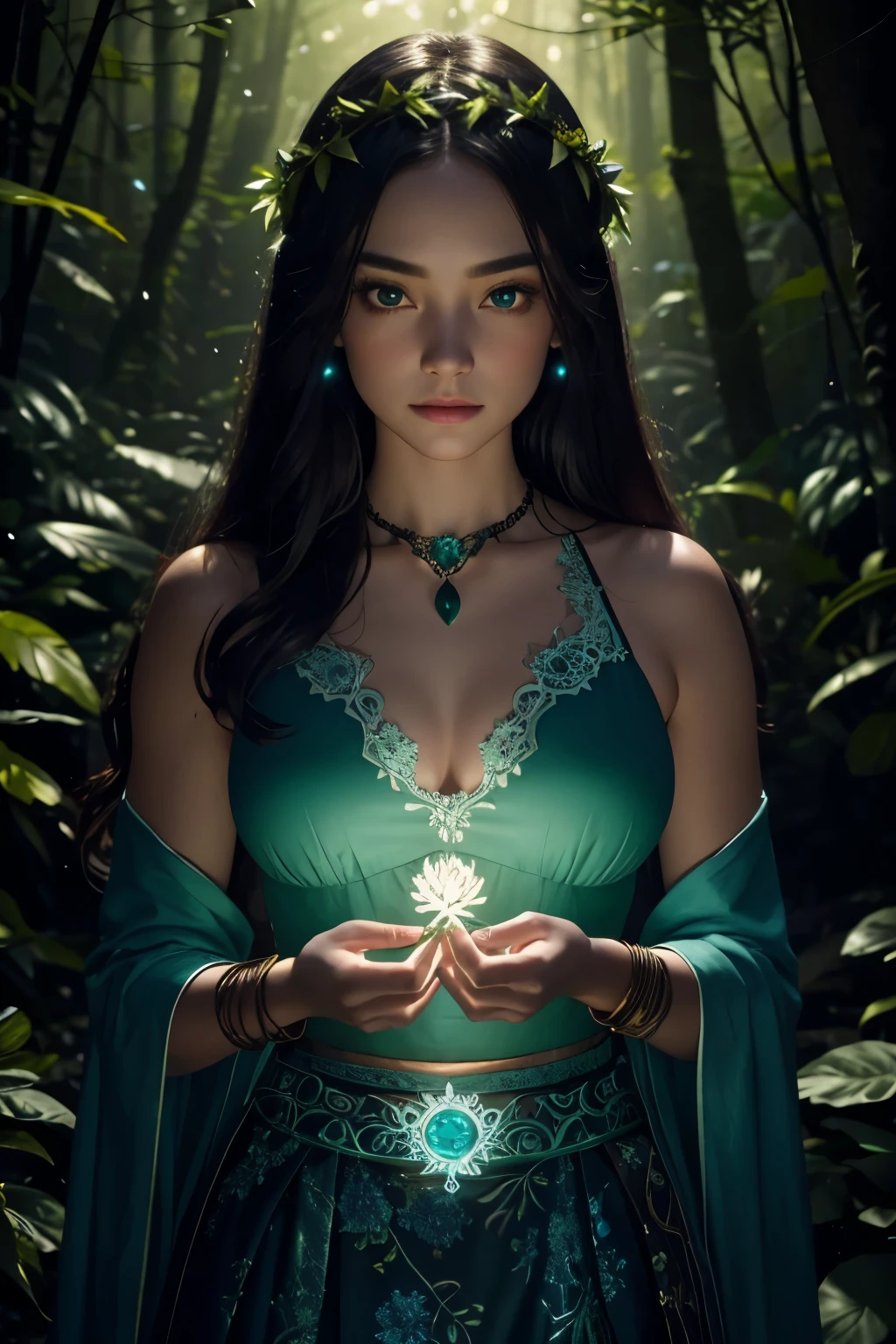 Perfect lens，Intricate details，Soft Light，Detailed night forest background，Real forest，Glowing plants，firefly，Real flowers，Real animals，Empty meadows，Fiery sun，Intricate lace skirt，Perfect face，Real face，colorful wreath，Blush，Beauty，Hair is blown by the wind，Blue glowing bright eyes，Three-dimensional facial features，Large Breasts，Fair skin，Blue Jade Bracelet，Glowing Emerald Necklace，Strong light and shadow，Perfect body proportions，Holding a black antler staff with both hands, it emits a mysterious green glow