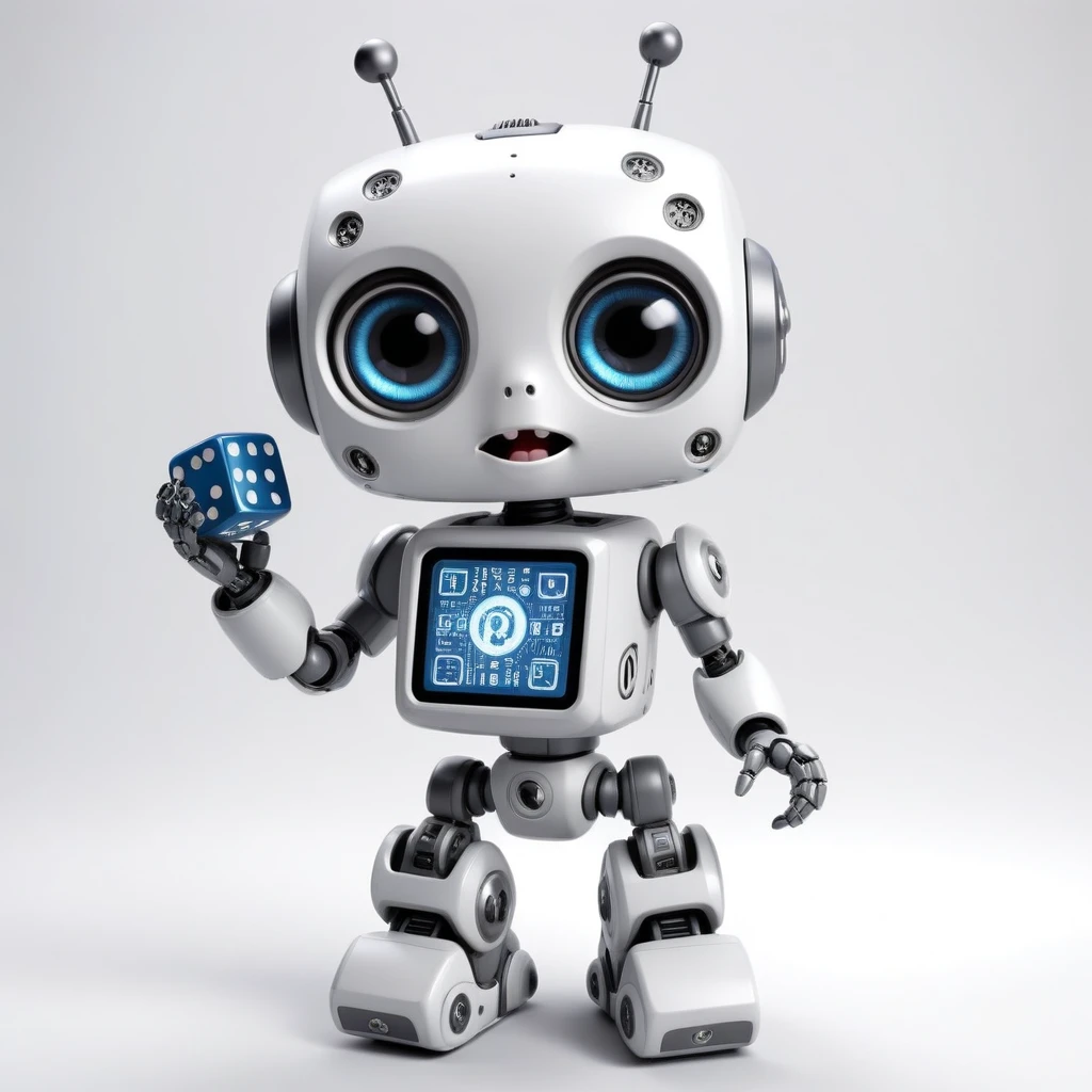 「Lost in the digital world」、A cartoon-style robot with a dice motif,A cute robot、Big eyes,antenna,Electronic display panel on chest、Holding the microphone close to his mouth while speaking、whole body、Background is white、Close ~ eyes、Close your mouth