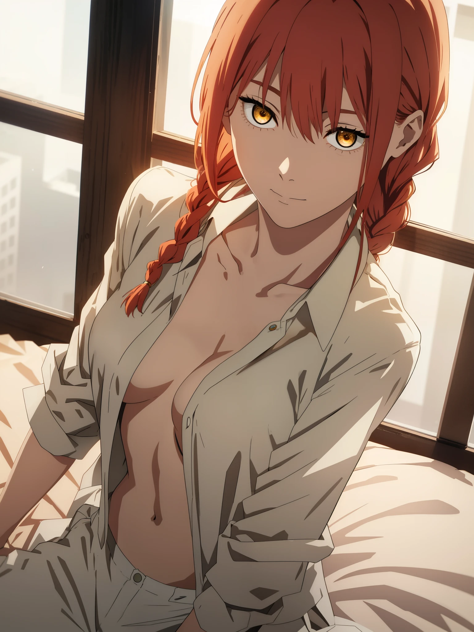 hand \(Chainsaw Man\),, One Girl, only, sit, Redhead, Long braided hair, Golden Eyes,(( show off breast )), Mid-chest, full open white shirt, perfect navel, Perfect collarbone, （White panties）, (just:1.2), look up , (close:1.3), , Upper Body, Highest quality, Glowing Skin, Highest quality, High resolution, , bed