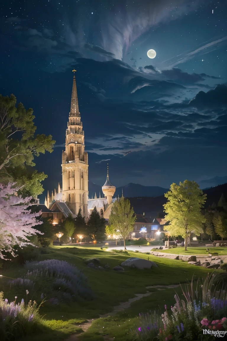 1girl, (masterpiece, illustration, best quality, detailed,highres:1.4), in the distance, colorful, vibrant, lush, volumetric lighting, contrast, , From a distance, depth of field , scenery, landscape painting, concept art, intricate tiny details, stylized, , cloudy skies, moonlit night starry skies, Fantasy, ancient kingdom city [colosseum,sagrada,basilica] scenery, snow, waterfall, , blooming trees grass flowers ,  Rocky Mountains and forest snow in the background ,    , (fantasy magic:1.4)