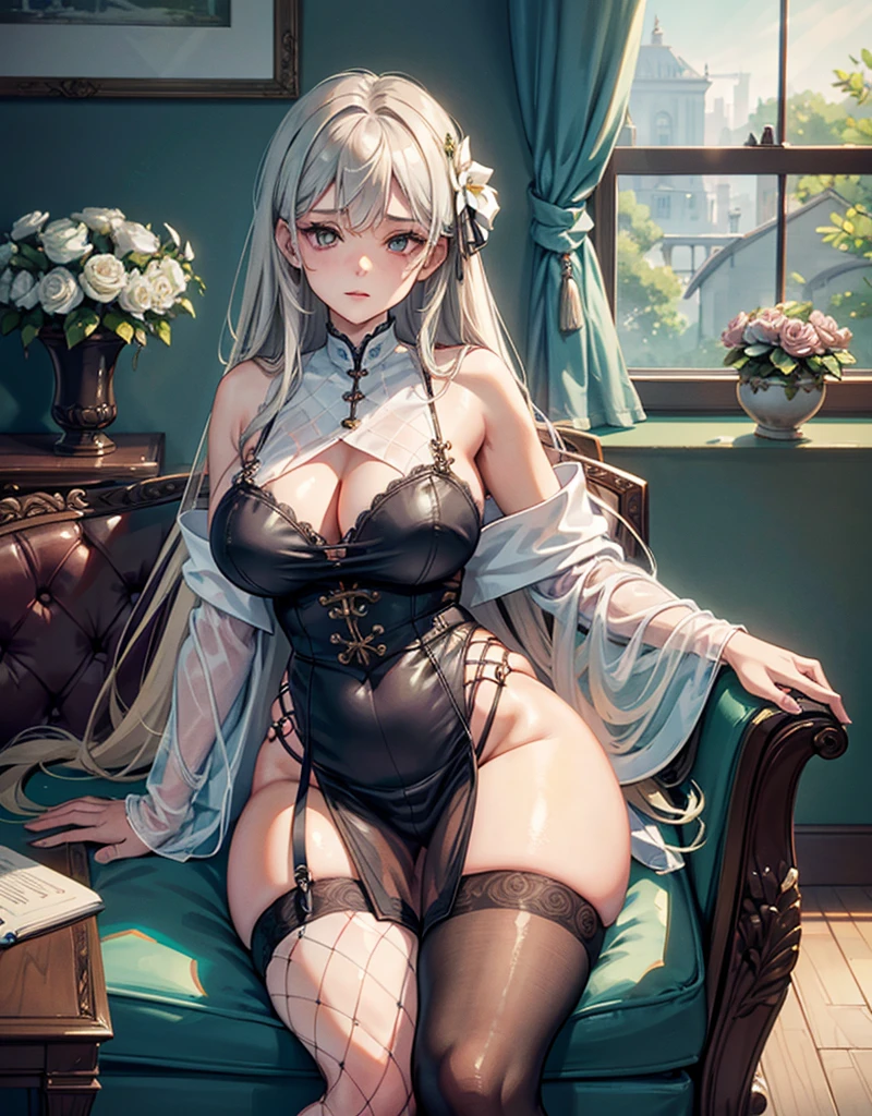 thick thighs，fleshy thighs，revealing her thighs，big natural breasts，huge round breasts，supermodel figure，perfect body，In the soft glow of the afternoon, inside a carriage compartment, an sleeping old woman sits with a dignified poise in an old armchair. The background is a blur of blooming flowers seen through the window, as if nature itself is trying to peek into her private world. Dressed in a luxurious silk robe that flows elegantly around her, its smooth texture contrasts with the lines etched by time on her skin. Her hair, now a pure white, is neatly combed, framing her weathered face, where every wrinkle tells a story of years lived fully. Despite the signs of age, there is a quiet dignity and a sense of peace about her, as if she has embraced the beauty of her twilight years. wearing black pantyhose and garter stockings and fishnet pantyhose