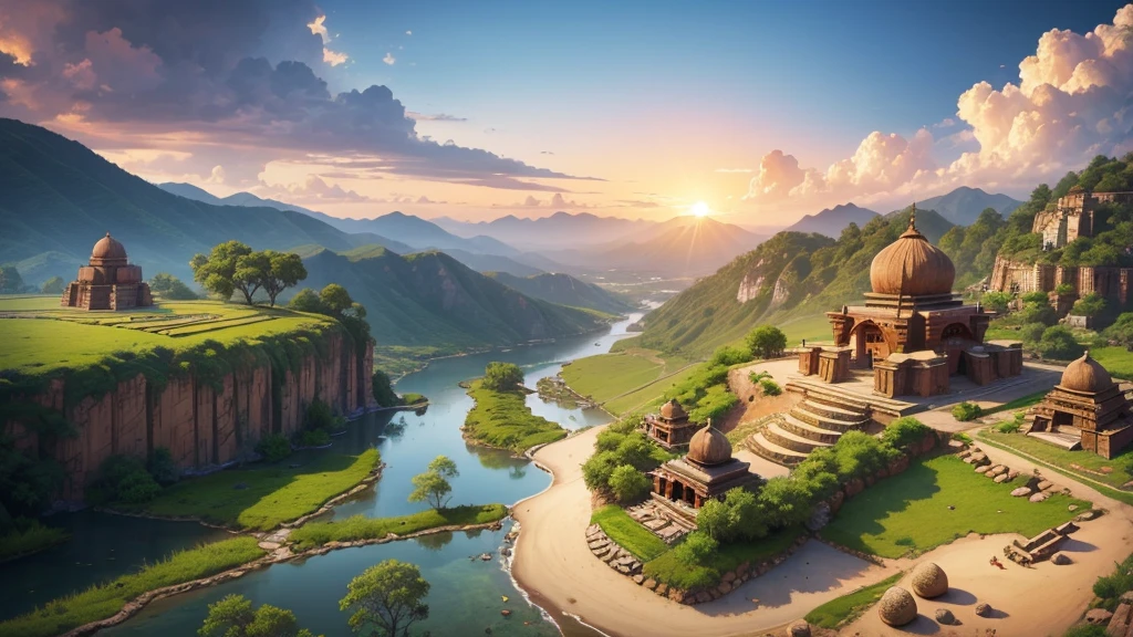 Beautiful scenery of ancient Indian village. Aerial view, Photorealistic photos, High definition.