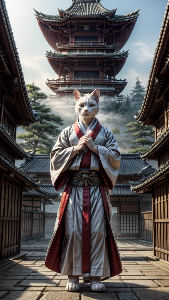 (((8k))), (((High resolution))),((Highest quality)),A white cat wearing a kimono,battle mode, yellow aura swirling around the body,fog,mystic atmosphere,muscle,Bipedal,upright,Short,3 heads,Serious face,samurai,Holding a long sword with both hands,Shrine garden,SakuraFubuki,Ultra-realistic,8k,Ultra-fine,Super detailed