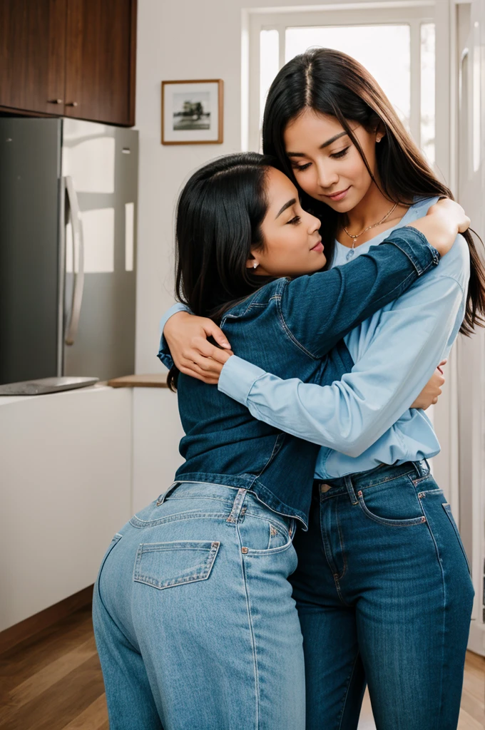 Two girls are hugging each other