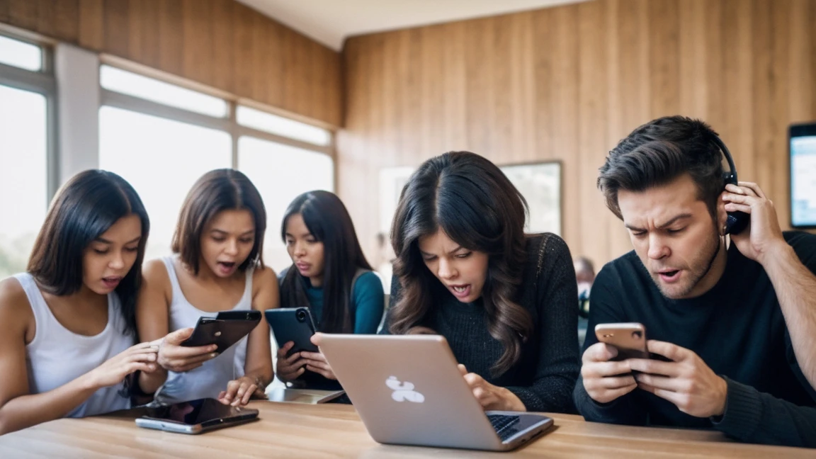 A scene of a monkey, an alien, and a large group of humans, male and female, enjoying social media with their smartphones. While looking at the phones, a variety of emotions are expressed, including an angry monkey, an alien making money, and a gasping person. The background is pure white.