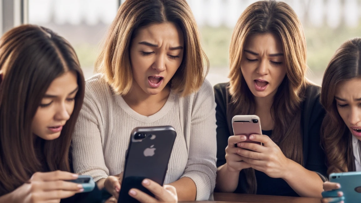 A scene of a monkey, an alien, and a large group of humans, male and female, enjoying social media with their smartphones. While looking at the phones, a variety of emotions are expressed, including an angry monkey, an alien making money, and a gasping person. The background is pure white.