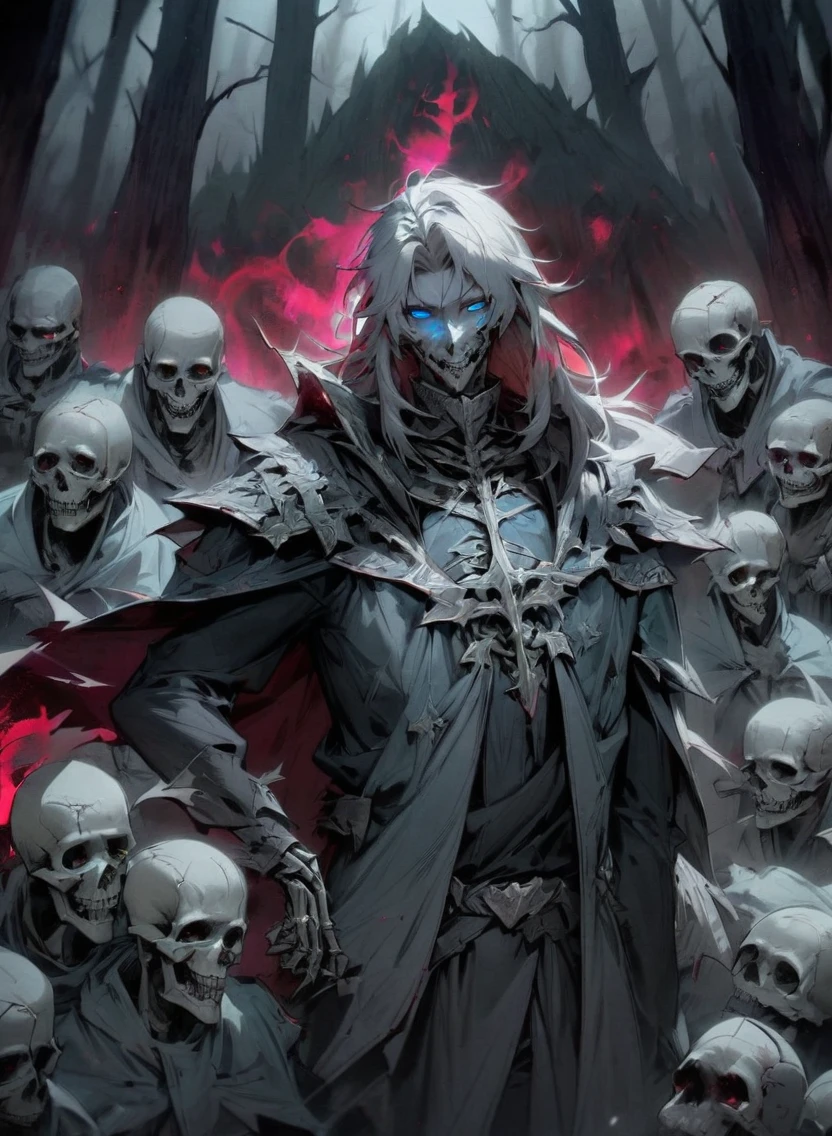 warlock dnd's patron, undead king, blue eyes glowing, dark Woods, cold gray colors, Skeleton army in background, Bloodstained dress, blood aura