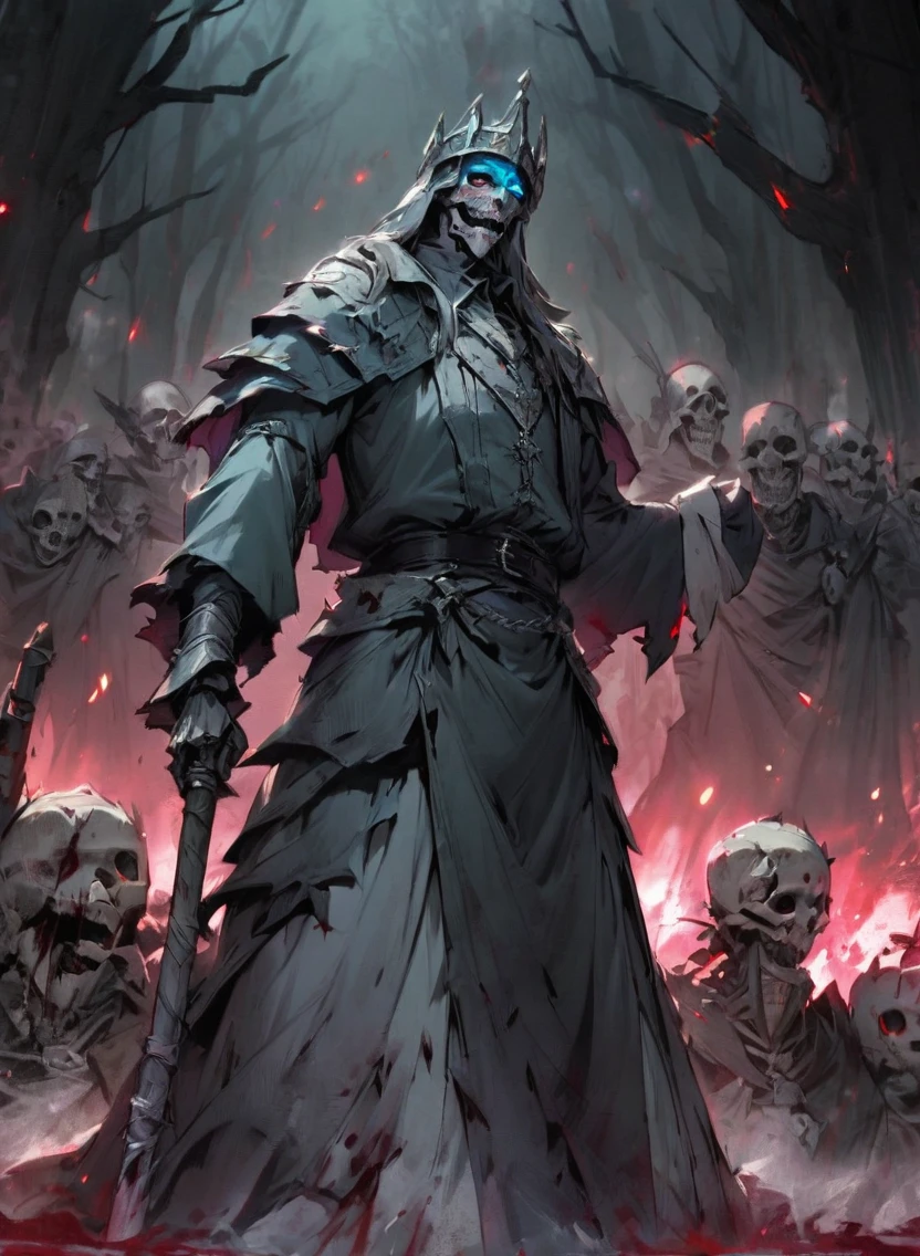 warlock dnd's patron, undead king, blue eyes glowing, dark Woods, cold gray colors, Skeleton army in background, Bloodstained dress, blood aura