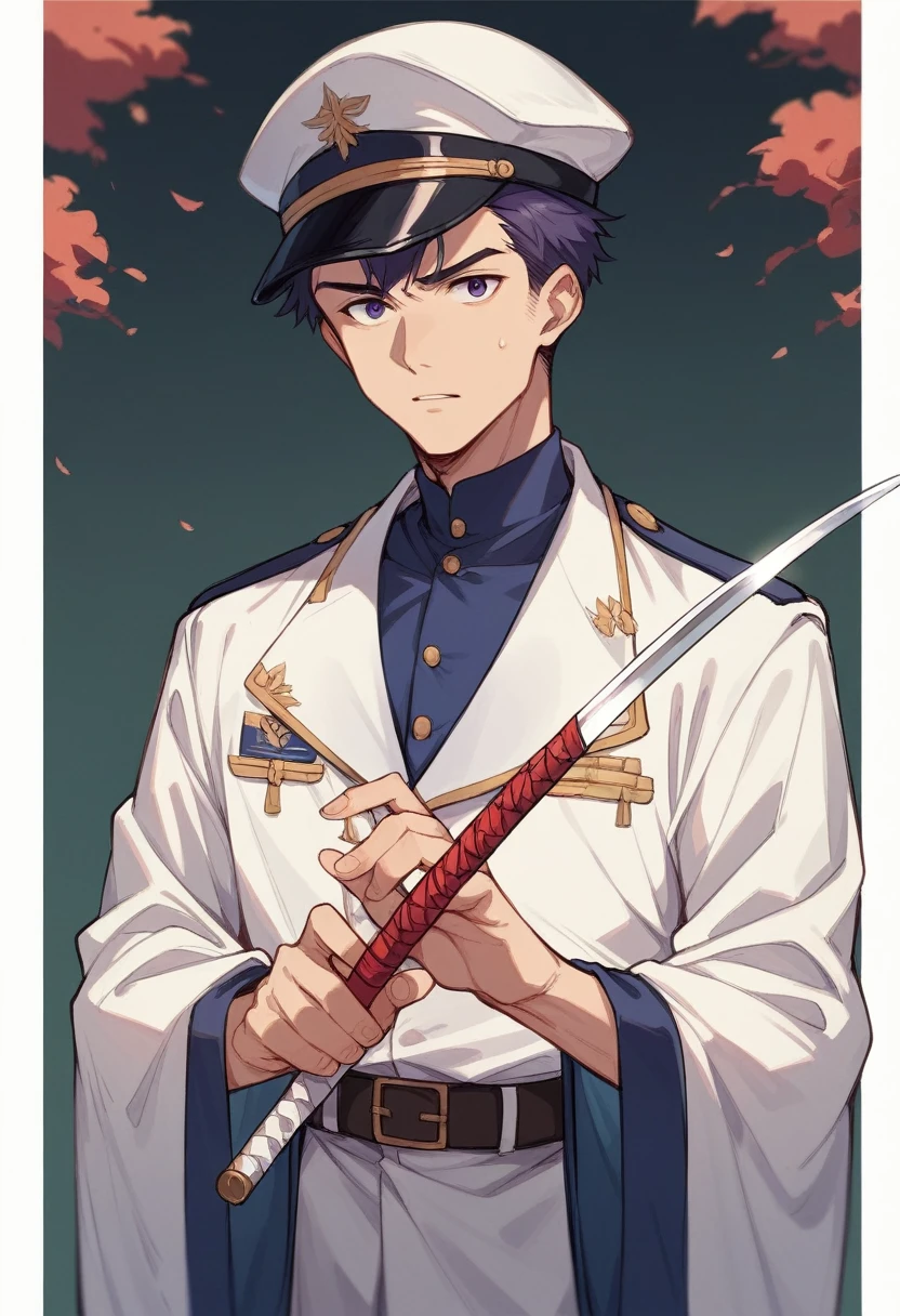 Delicate boy、Holding a Japanese sword、purple、Short Hair、uniform、Downcast、hat、cool