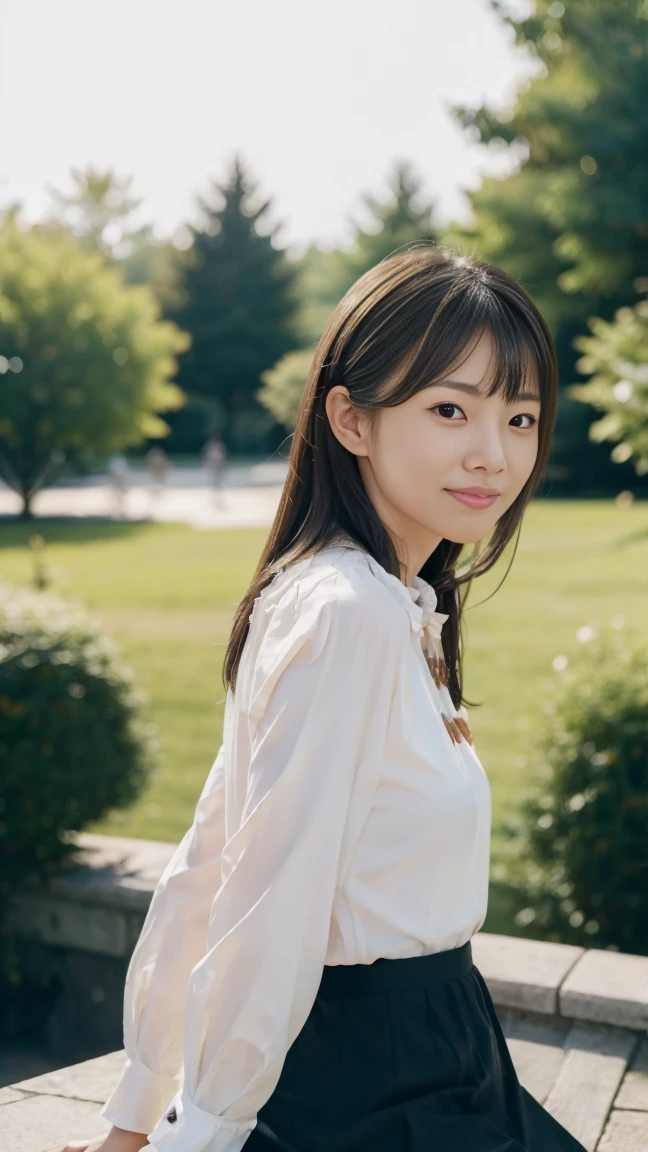 ((from below:1.5)), ((whole body:1.5)), (ultra detailed), (masterpiece), (best quality), Highest quality, Realistic, Surreal, Highest quality, Extremely detailed CG, Very delicate and beautiful, 8k wallpaper, High resolution, 1 Girl, 38歳の日本people女性, (small eyes:1.5), ((Two very small moles on my right cheek:1.5)), (Skin dents), Medium Chest, (bright), (Professional Lighting), (On University Campus), people々, Long Hair, (bangs:1.5), ((blouse:1.5)), (I wore it:0.8), Nice, bloom, Floating Hair, (Dynamic pose:0.6), sunset, bench, Sitting, Spread your legs, (Shy Smile:1.2), Thin lips, slim, (Highly detailed face), (Highly detailed facial expressions), (Face the front completely:1.5), ((Looking into the camera:1.5)), Slender body, Large file size,
