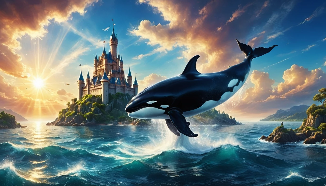 a digital paining of whale (flying over a castle: 1.3) in the middle of the sea, a giant whale an (epic killer whale: 1.3), (anatomically correct: 1.3) flying over a fantasy (castle at sea: 1.2), the castle is big with towers and turrets, its a wavy sea, its a sunny day, sun rays, Ultra-high resolution, High Contrast, (masterpiece:1.5), highest quality, Best aesthetics), 16K fantasy art, best details, best quality, highres, (ultra wide angle: 1.2), 16k, [ultra detailed], masterpiece, best quality, (extremely detailed),  magical sky, digital painting