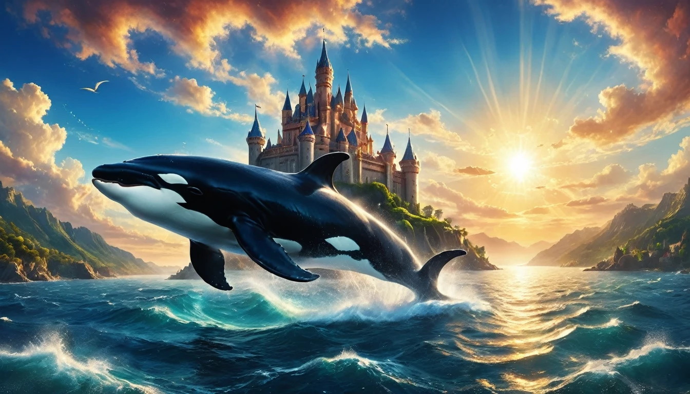 a digital paining of whale (flying over a castle: 1.3) in the middle of the sea, a giant whale an (epic killer whale: 1.3), (anatomically correct: 1.3) flying over a fantasy (castle at sea: 1.2), the castle is big with towers and turrets, its a wavy sea, its a sunny day, sun rays, Ultra-high resolution, High Contrast, (masterpiece:1.5), highest quality, Best aesthetics), 16K fantasy art, best details, best quality, highres, (ultra wide angle: 1.2), 16k, [ultra detailed], masterpiece, best quality, (extremely detailed),  magical sky, digital painting
