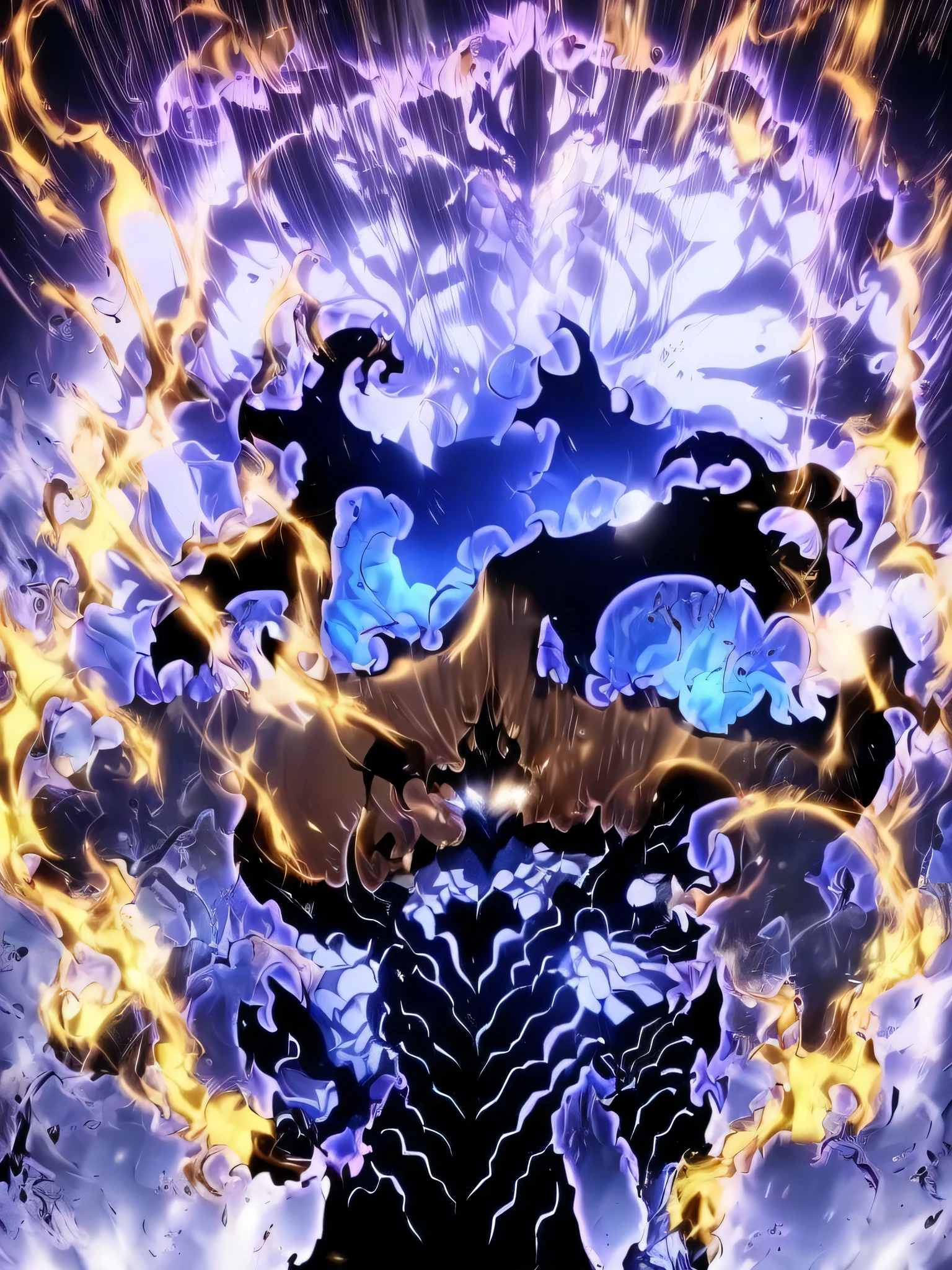 ultra HD 8k best quality,ultra-detailed,realistic:1.37,portrait,dark fantasy,anime,solo leveling,heroic character, one boy,Brown eyes, Brown hair, overcoat with hood, sharp focus,magical powers,mysterious aura,dynamic pose,threatening expression,glowing eyes,demonic presence,grim reaper cloak,detailed armor,enchanted weapon,dark background,eerie lighting,blue color palette,smoke effects,action scene,high contrast,fluid brush strokes,masterpiece:1.2