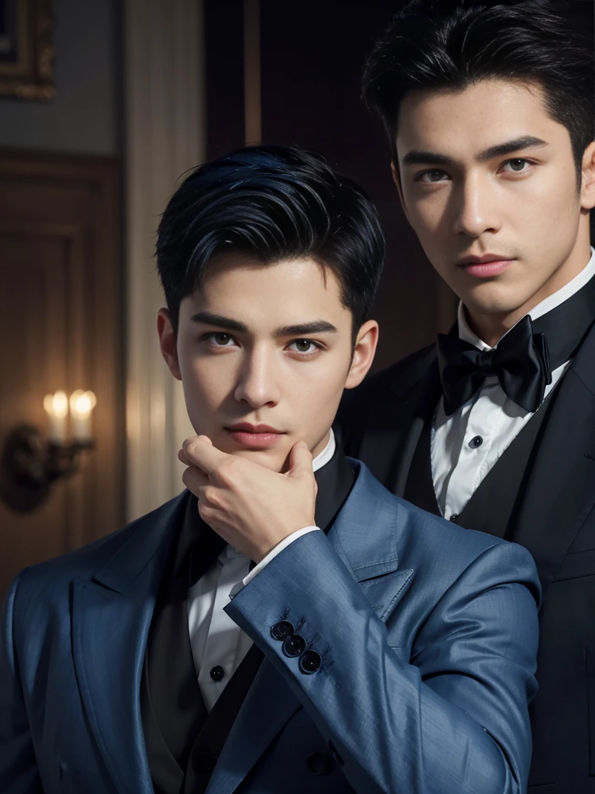 ((masterpiece)),((best quality)),8K,high detail,Very detailed, Very manly,3 men, like,fashion pose, Realistic skin texture, Light,
Royal blue style couple,Perfect hand details