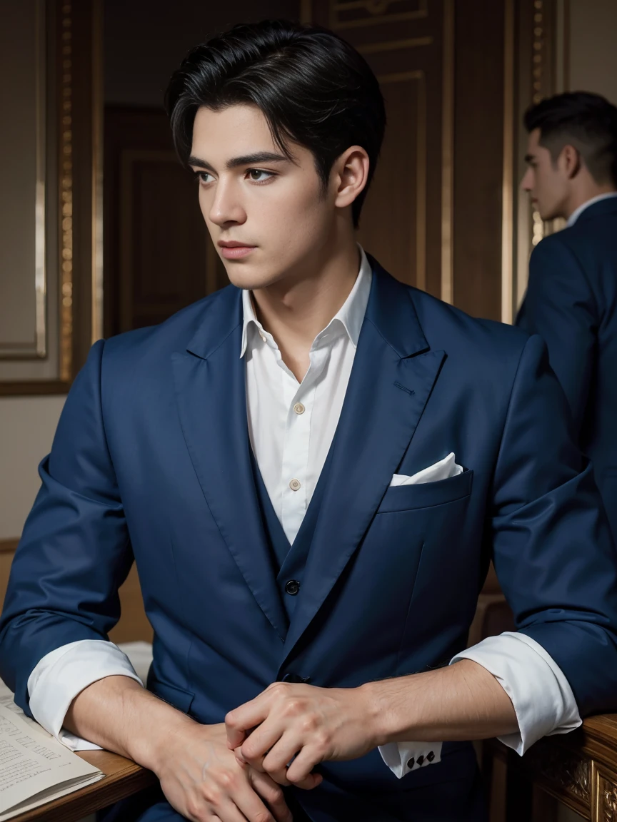 ((masterpiece)),((best quality)),8K,high detail,Very detailed, Very manly,3 men, like,fashion pose, Realistic skin texture, Light,
Royal blue style couple,Perfect hand details