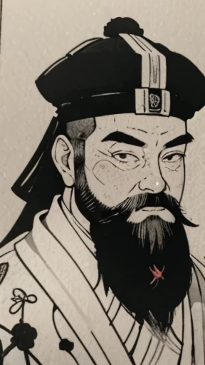 (((whole body))),((Monochrome)),(((Ink Painting))),Oriental、Men in ancient Chinese costumes、(ancient chinese hairstyle male)、As seen in the Romance of the Three Kingdoms々military commander、Highest quality、masterpiece、Ultra-high resolution、(Realistic:1.4)、Game Poster、Crisp and beautiful image quality、beard、Embroidered cloth wrapped around a topknot、whole body ,(Skin of color, ),(beard):1.2), (Very detailed, bloom:1.5), (Highest quality, Concept Art, 4K), (analog:1.2), (high sharpness), (Detailed pupil:1.1), Detailed face and eyes, masterpiece, Highest quality, (Very detailed photos:1.1), 8k, (Dynamic Short Hair), (PurerosFace_v1:0.2), [:(Detailed face:1.2):0.2], sharp, Shadow, 