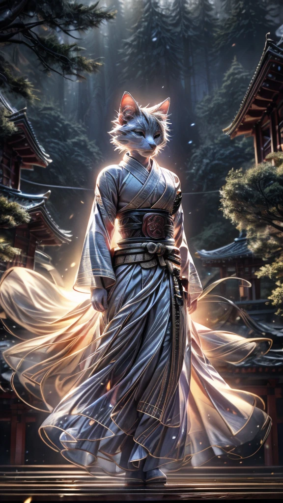 (((8k))), (((High resolution))),((Highest quality)),A white cat wearing a kimono,battle mode, yellow aura swirling around the body,fog,mystic atmosphere,muscle,Bipedal,upright,Short,3 heads,Serious face,samurai,Holding a long sword with both hands,Shrine garden,SakuraFubuki,Ultra-realistic,8k,Ultra-fine,Super detailed