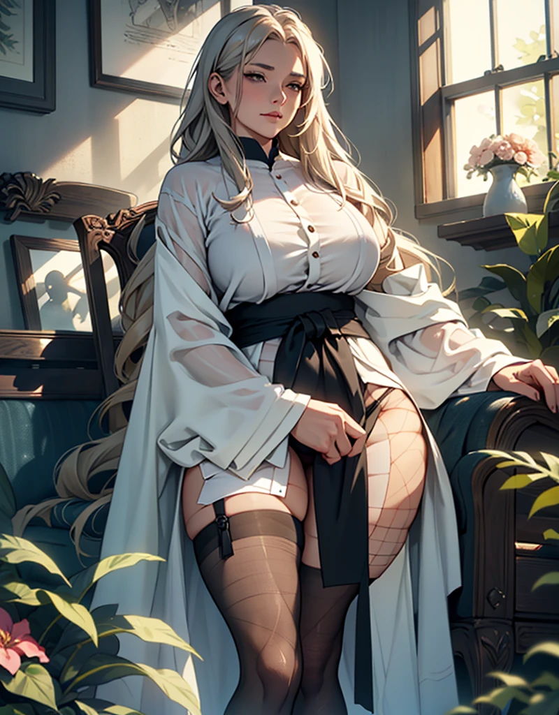 thick thighs,fleshy thighs,revealing her thighs,big natural breasts,huge round breasts,supermodel figure,perfect body,In the soft glow of the afternoon, inside a carriage compartment, an sleeping old woman sits with a dignified poise in an old armchair. The background is a blur of blooming flowers seen through the window, as if nature itself is trying to peek into her private world. Dressed in a luxurious silk robe that flows elegantly around her, its smooth texture contrasts with the lines etched by time on her skin. Her hair, now a pure white, is neatly combed, framing her weathered face, where every wrinkle tells a story of years lived fully. Despite the signs of age, there is a quiet dignity and a sense of peace about her, as if she has embraced the beauty of her twilight years. wearing black pantyhose and garter stockings and fishnet pantyhose