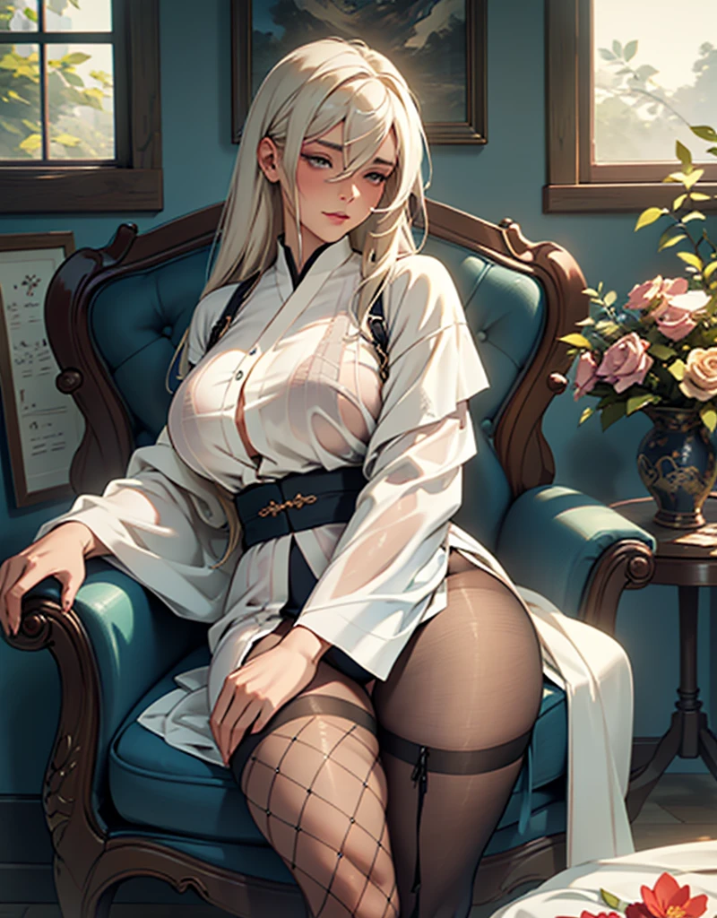 thick thighs,fleshy thighs,revealing her thighs,big natural breasts,huge round breasts,supermodel figure,perfect body,In the soft glow of the afternoon, inside a carriage compartment, an sleeping old woman sits with a dignified poise in an old armchair. The background is a blur of blooming flowers seen through the window, as if nature itself is trying to peek into her private world. Dressed in a luxurious silk robe that flows elegantly around her, its smooth texture contrasts with the lines etched by time on her skin. Her hair, now a pure white, is neatly combed, framing her weathered face, where every wrinkle tells a story of years lived fully. Despite the signs of age, there is a quiet dignity and a sense of peace about her, as if she has embraced the beauty of her twilight years. wearing black pantyhose and garter stockings and fishnet pantyhose