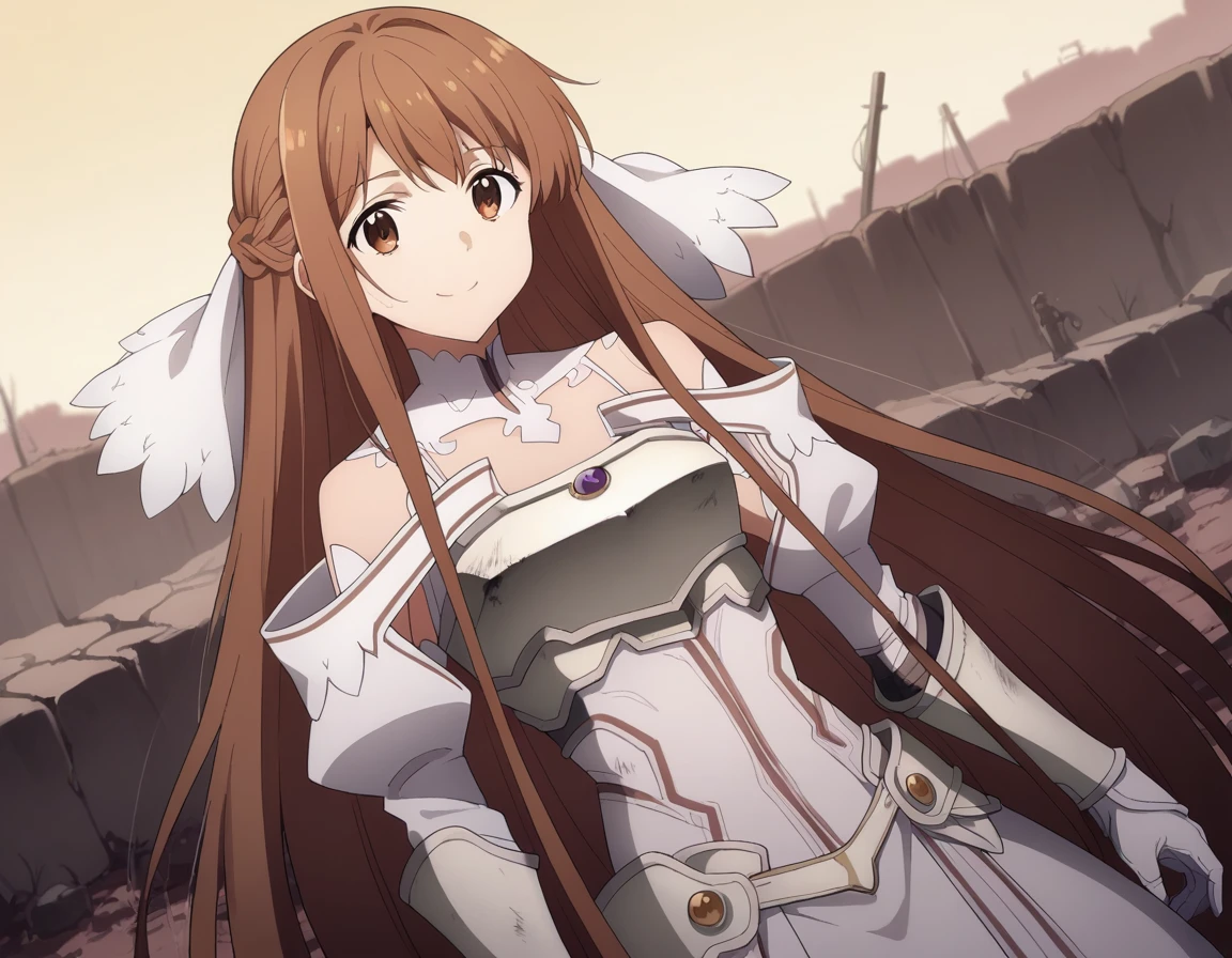 score_9, score_8_superior, score_7_superior, sauce_anime,
asunayuuki, As Yuuki, Long Hair, bangs, Brown Hair, Brown eyes, very Long Hair, Braiding,
dress, Exposing shoulders, Removable sleeves, white dress, armor, breastplate, white armor,
Outdoor, wasteland, I had already finished, smile,
alone, View your viewers, Cowboy Shot, Dutch Angle,Sex