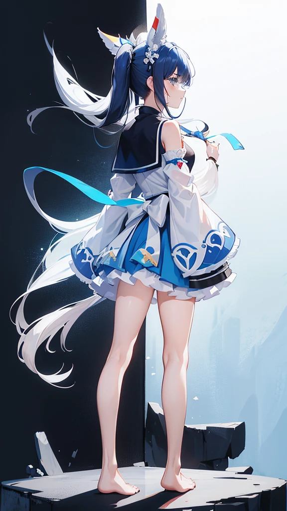 （（Super detailed details））A white double ponytail hair，Blue bow，清凉白色宽松泳装少女Stand sideways在沙滩上（Happy and lively）Moe，Perfect body proportions，（（Profile））（（Three-dimensional））（（（Full body picture）））Stand sideways，Bare feet and legs