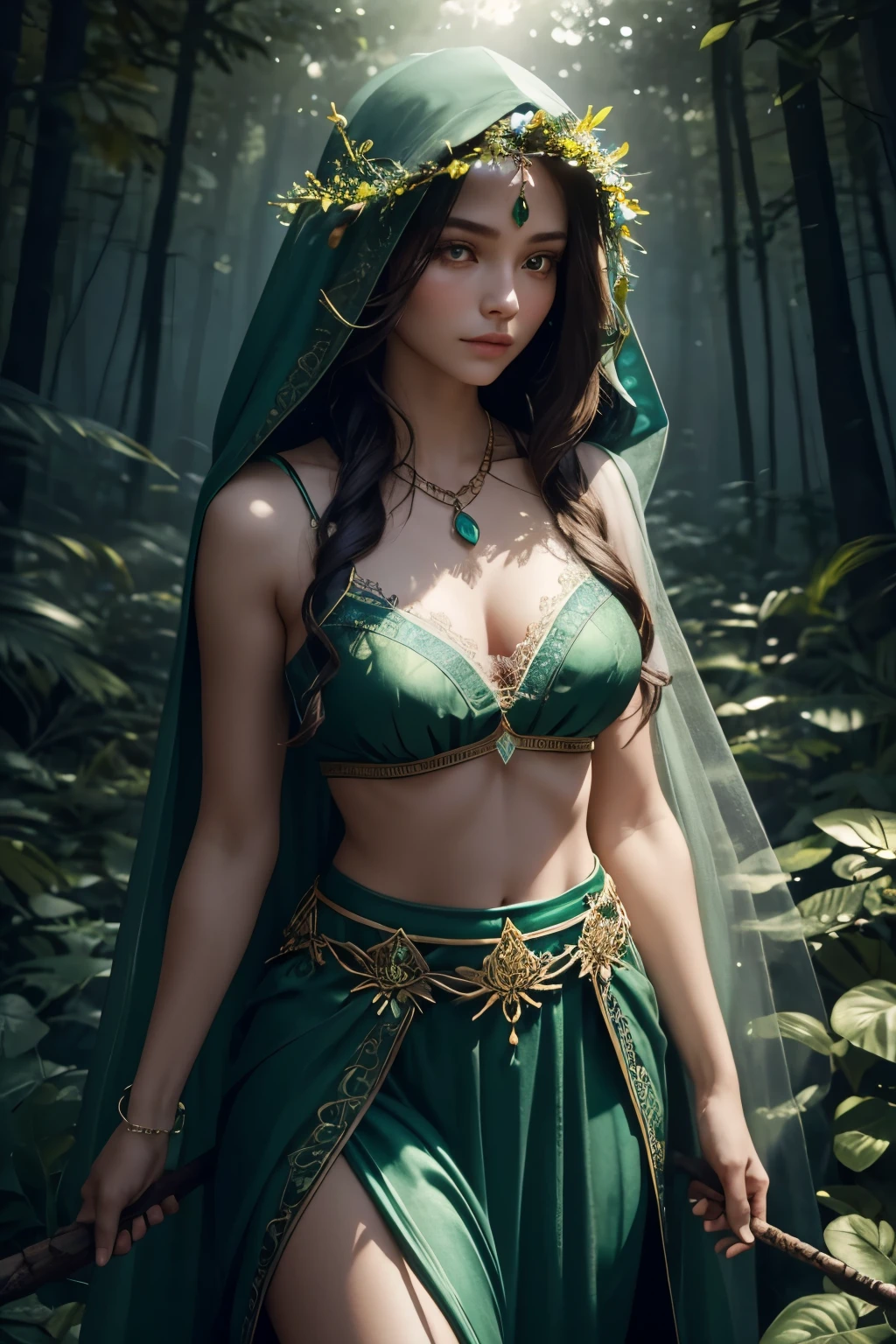 Perfect lens，Intricate details，Soft Light，Detailed night forest background，Real forest，Glowing plants，firefly，Real flowers，Real animals，Empty meadows，Fiery sun，Intricate lace skirt，Perfect face，Real face，colorful wreath，Blush，Beauty，Hair is blown by the wind，Blue glowing bright eyes，Three-dimensional facial features，Large Breasts，Fair skin，Blue Jade Bracelet，Glowing Emerald Necklace，Strong light and shadow，Perfect body proportions，Holding a black antler staff with both hands, it emits a mysterious green glow