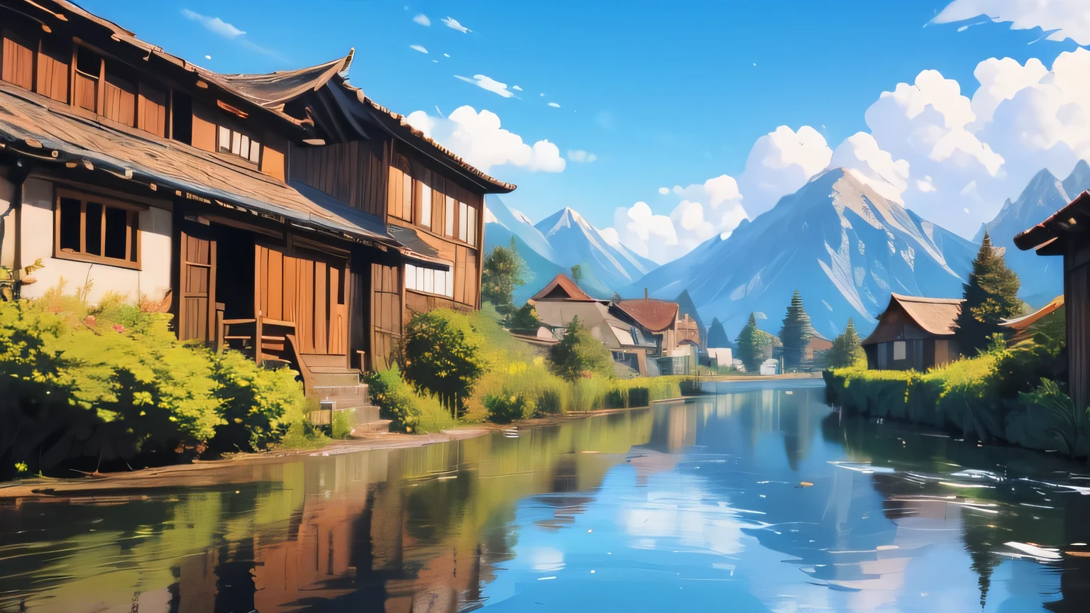 he tranquil river flowing gently through the village, with reflections of the surrounding hills and cottages. 4k images, upscale image