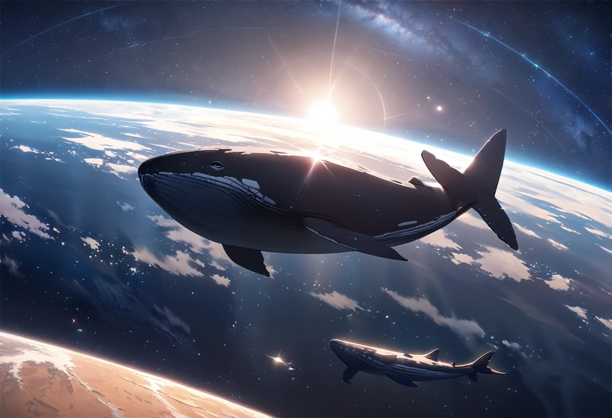((Masterpiece, top quality, high resolution)), ((highly detailed CG unified 8K wallpaper)), A huge whale is swimming in space, this whale is flying away from its home planet to a new planet,