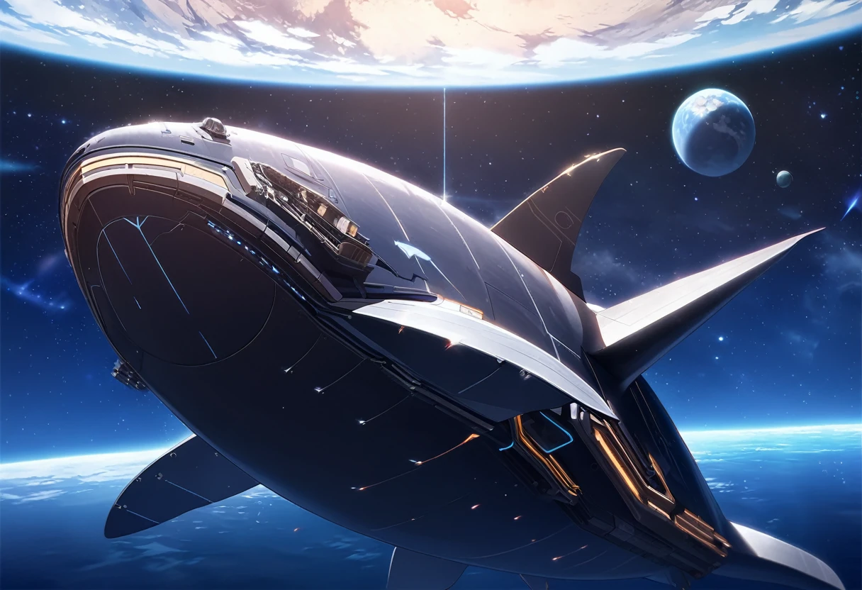 ((Masterpiece, top quality, high resolution)), ((highly detailed CG unified 8K wallpaper)), A huge whale is swimming in space, this whale is flying away from its home planet to a new planet,