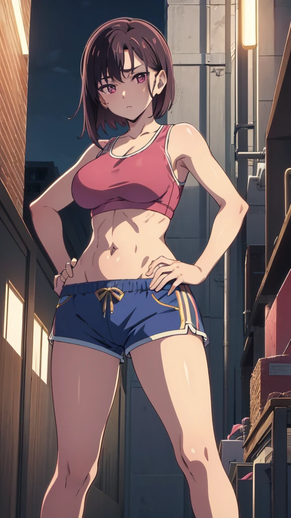 Masterpiece, best quality, Masterpiece, best quality, 1 woman , Shizuka Mikazuki , pink eyes , short brown hair , Sports bra , shorts , sly face , abdomen, big breasts , Long legs , shoe , hands on hips , abandoned factory , at night