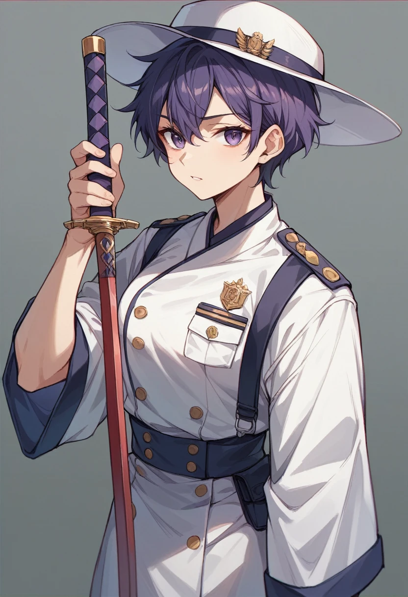 youth、Holding a Japanese sword、purple、Short Hair、uniform、Downcast、hat、cool