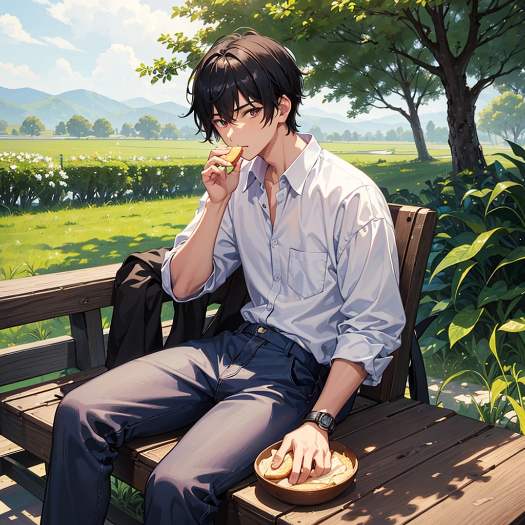 18 year old boy, slim black haired, smooth and short, going to the back of your neck, typical asian, bowl hair. Big, dark eyes and a little wide. Your face is full and slightly plump. The boy is in a relaxed pose sitting on a bench with a surprised expression. He is holding a piece of bread that has a bitten off slice. He is chewing a slice of bread. Background, a typical countryside landscape that is a little blurred, since the attention is on him. He was caught off guard by the camera, so your cheeks are a little flushed
