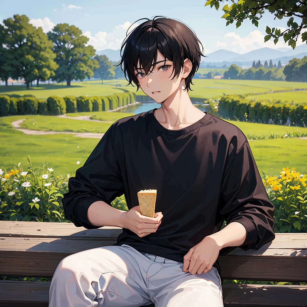 18 year old boy, slim black haired, smooth and short, going to the back of your neck, typical asian, bowl hair. Big, dark eyes and a little wide. Your face is full and slightly plump. The boy is in a relaxed pose sitting on a bench with a surprised expression. He is holding a piece of bread that has a bitten off slice. He is chewing a slice of bread. Background, a typical countryside landscape that is a little blurred, since the attention is on him. He was caught off guard by the camera, so your cheeks are a little flushed