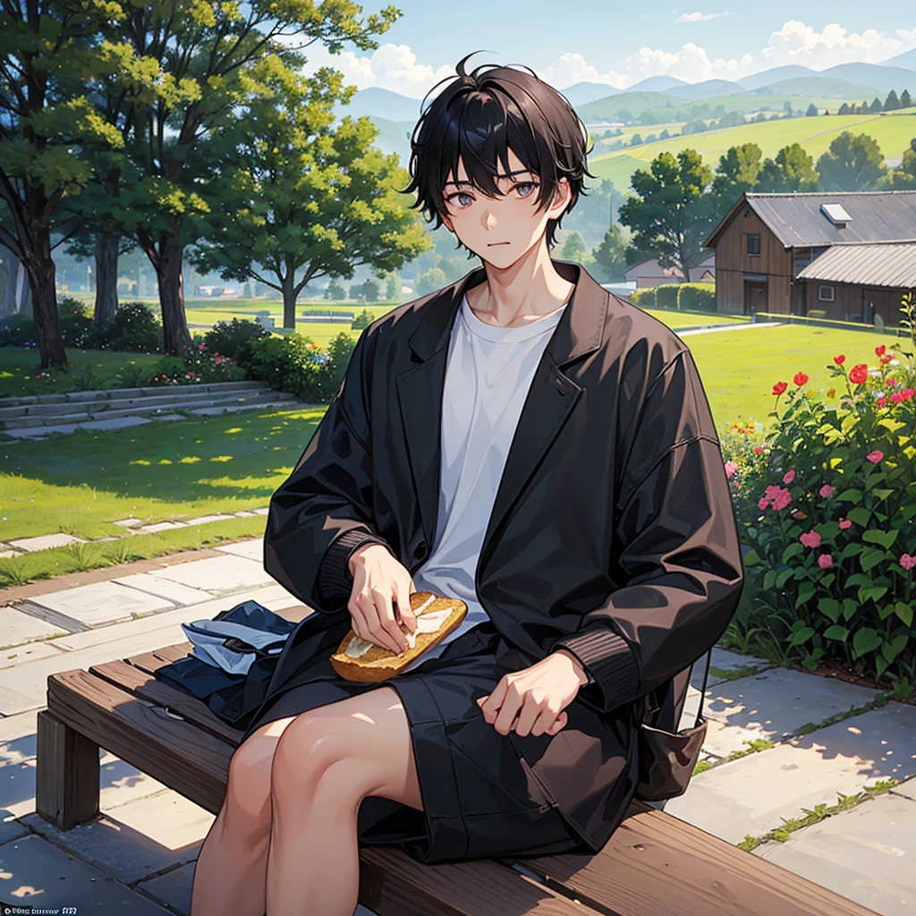 18 year old boy, slim black haired, smooth and short, going to the back of your neck, typical asian, bowl hair. Big, dark eyes and a little wide. Your face is full and slightly plump. The boy is in a relaxed pose sitting on a bench with a surprised expression. He is holding a piece of bread that has a bitten off slice. He is chewing a slice of bread. Background, a typical countryside landscape that is a little blurred, since the attention is on him. He was caught off guard by the camera, so your cheeks are a little flushed