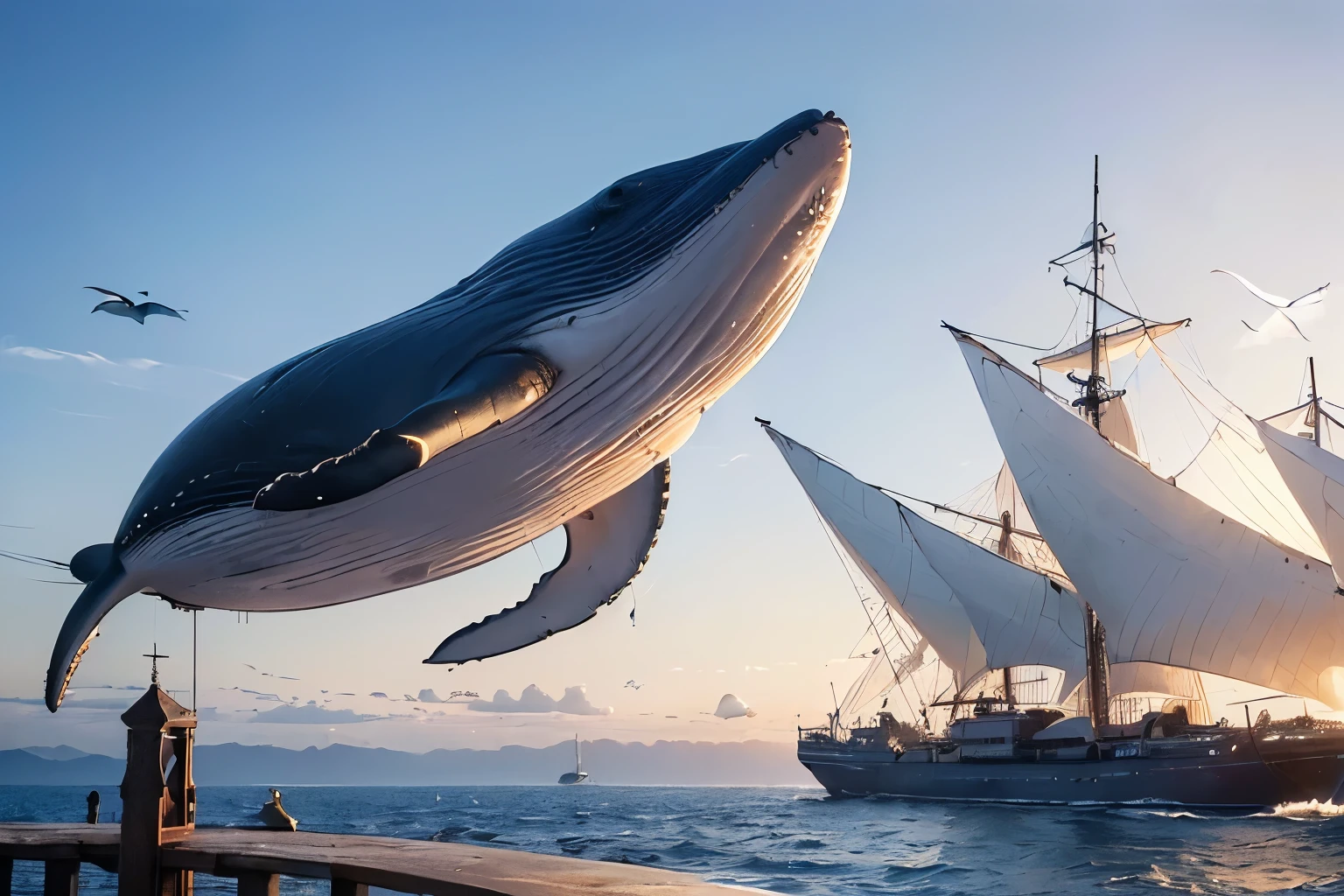 (Realistic whale flying in the sky、Equipped with anti-gravity device:1.4)、(Steampunk steam ship flying in the sky:1.2)、(A whale and a sailing ship fly side by side in the sky:1.2)、Fantastic World、(Steampunk World)、Steampunk design、Detailed steampunk illustration、delicate and dynamic、