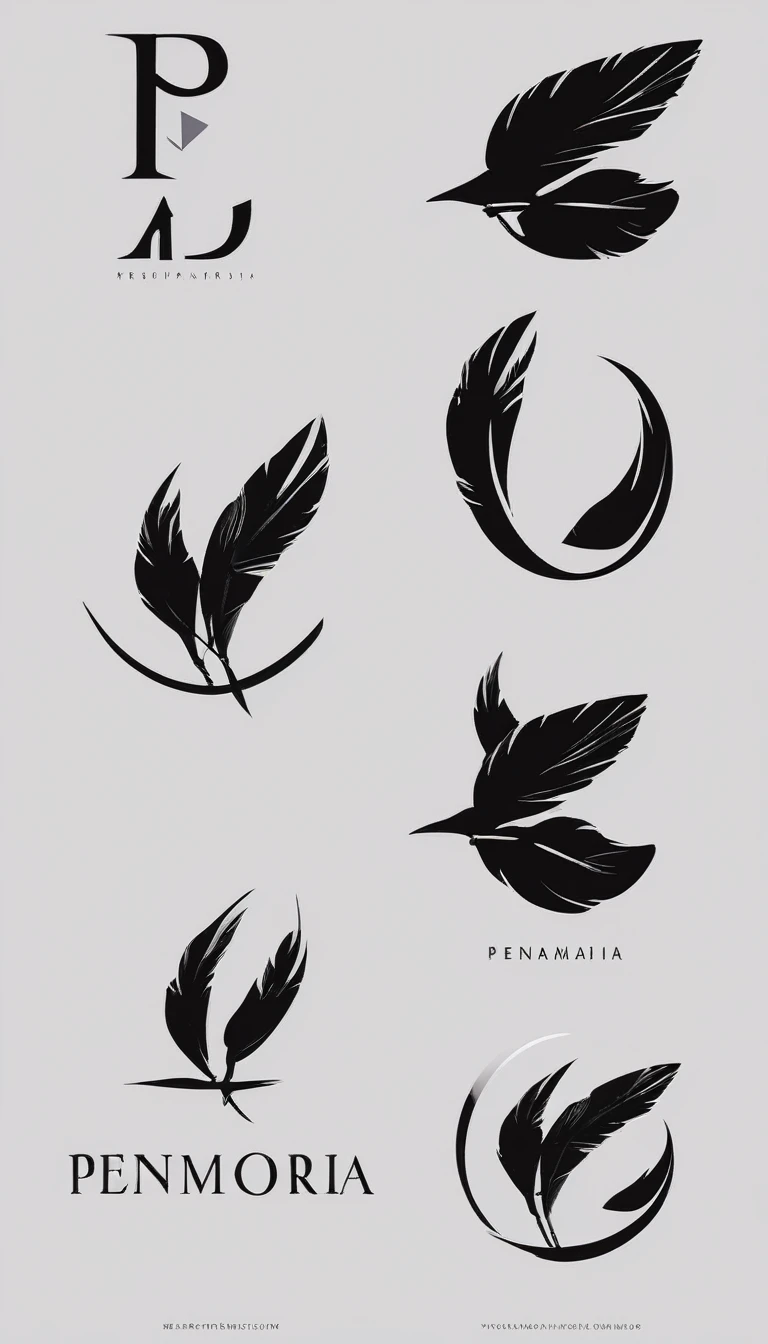 A minimal, modern, simple, cinematic logo design for the brand “Penamemoria". Create a modern, minimalistic, high-quality, logo of a boy-feather