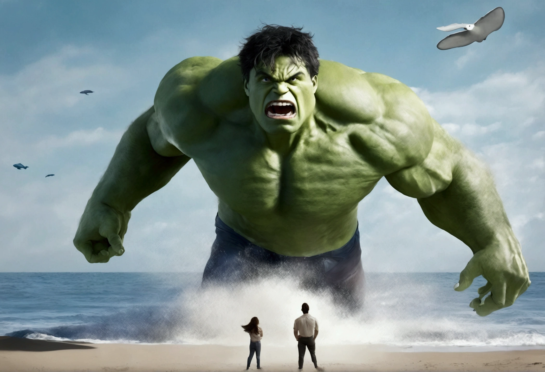 The incredible hulk, standing on the beach has just tossed a whale back towards the ocean. View is comical, view is facing the whale mid air with huge eyes and shocked open mouth