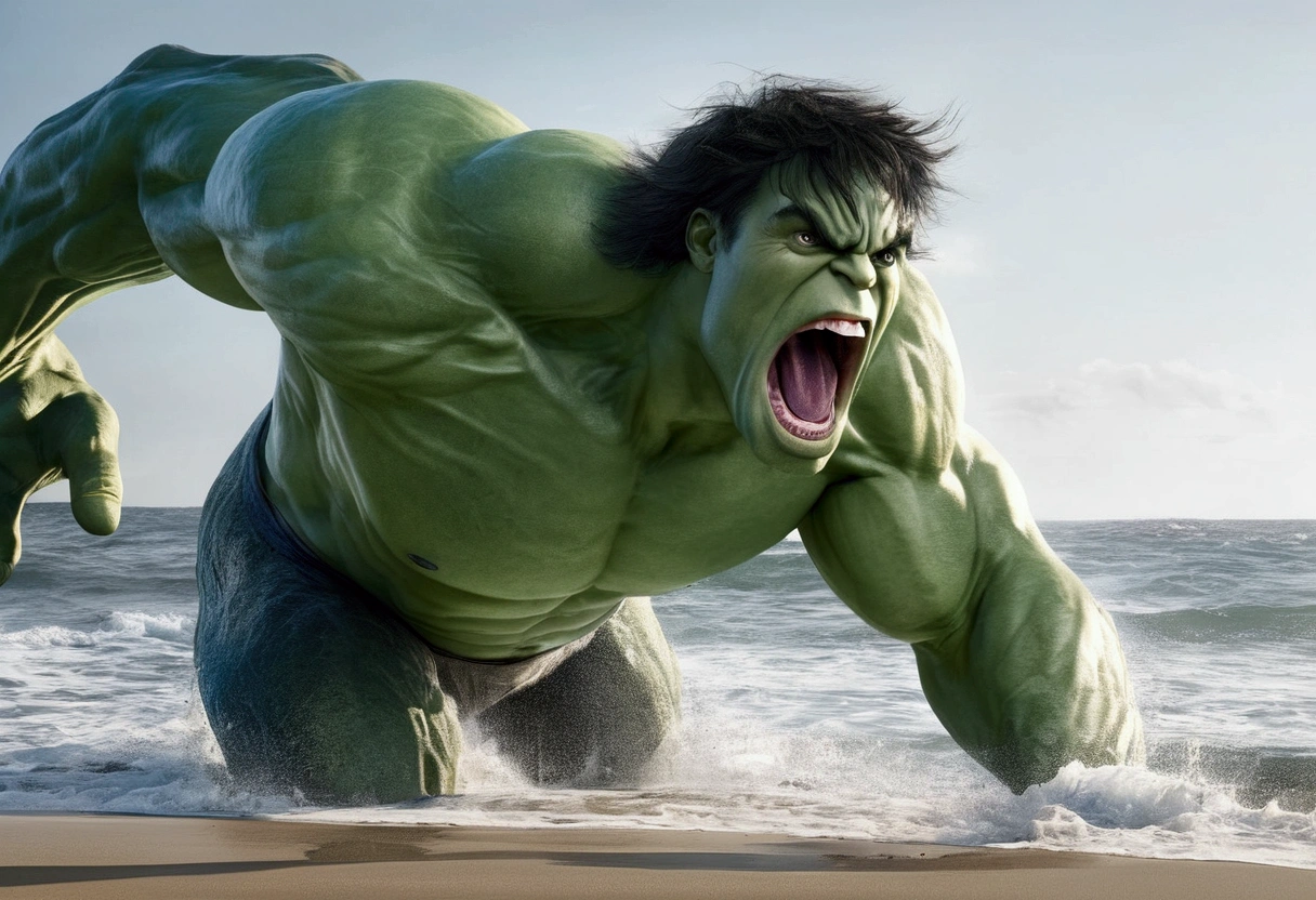 The incredible hulk, standing on the beach has just tossed a whale back towards the ocean. View is comical, view is facing the whale mid air with huge eyes and shocked open mouth