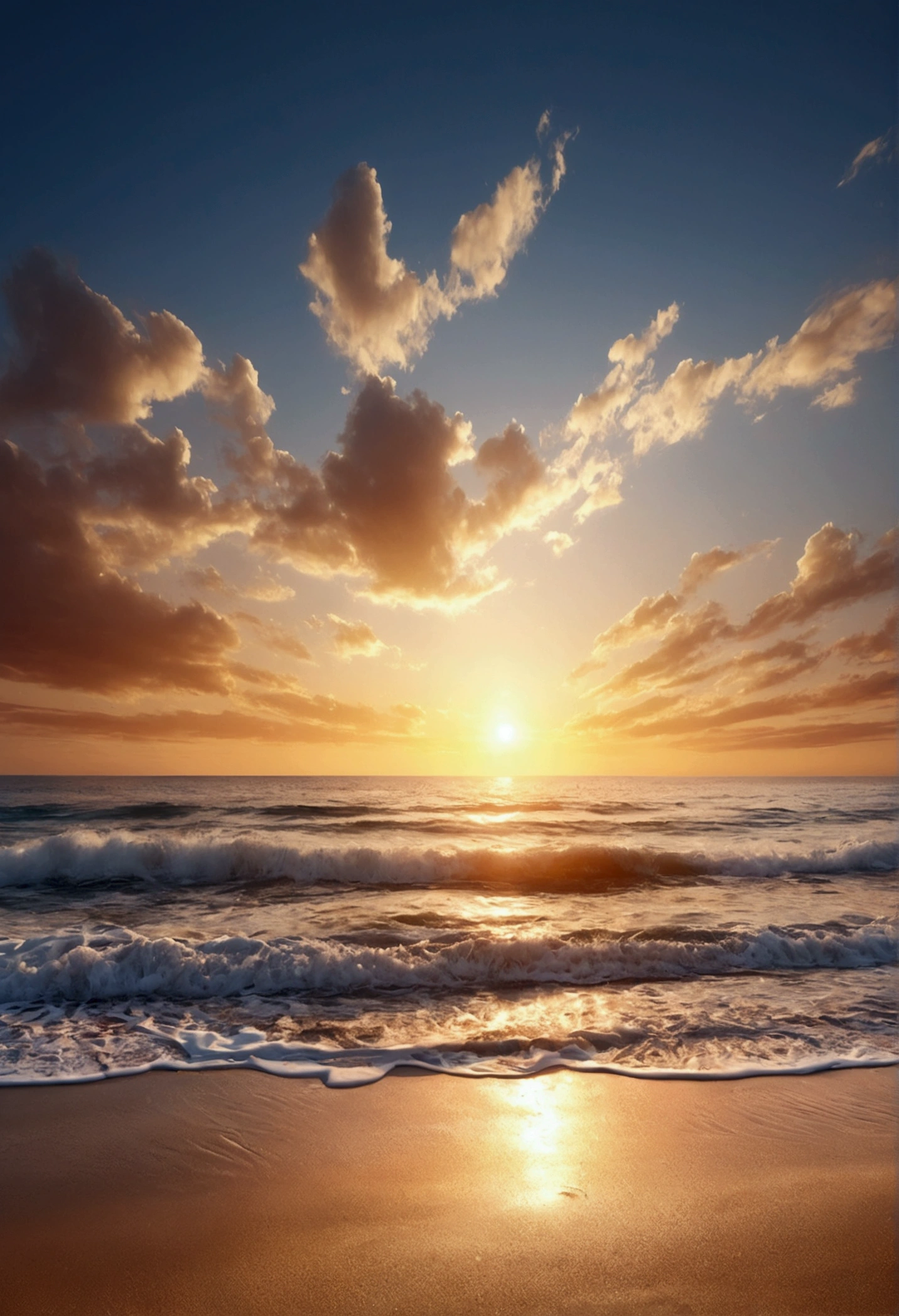Generate a beautiful morning beach landscape, with the sun rising at the horizon on the ocean.