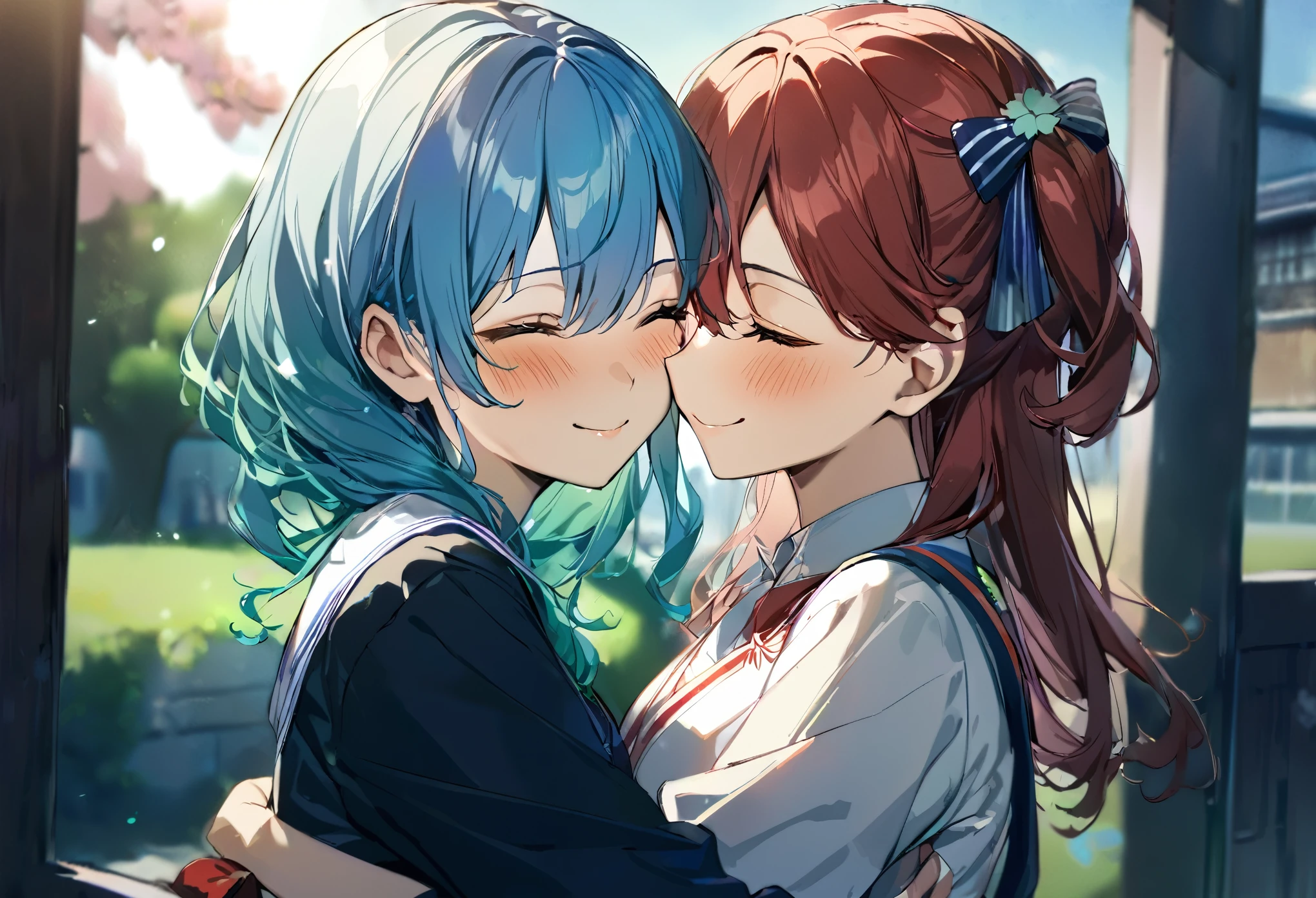 (((2girls))), together, two people, masterpiece, best quality, integrated scenery, integrated background, extremely delicate and beautiful, meticulous details, good composition, closed_eyes, cute face, perfect face, perfect hands, fingernails, sakura miko, SakuraMiko, HoshimachiSuisei, hoshimachi suisei, blurry background, sunlight, light blush, ((school)), upper body, looking each other, smile, , (hugging each other),in_schoolandscapel,sunlight,kissing,happiness,