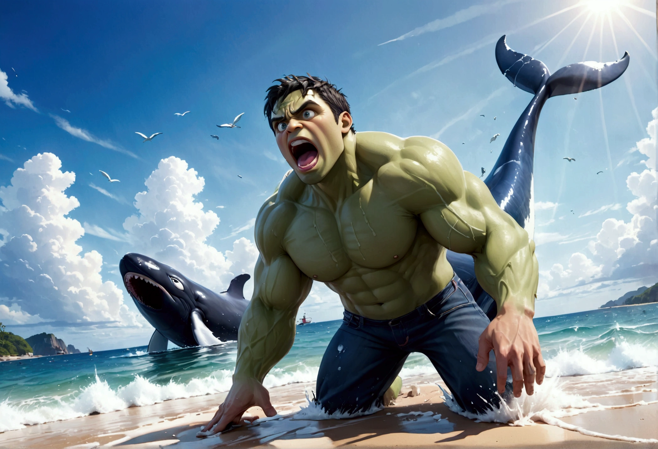 A muscular green humanoid figure, The Incredible Hulk, standing on a beach, has just thrown a massive whale back towards the ocean, the whale mid-air with huge eyes and an open shocked mouth, comical scene, (best quality,4k,8k,highres,masterpiece:1.2),ultra-detailed,(realistic,photorealistic,photo-realistic:1.37),hyperrealistic,3D render,dramatic lighting,vibrant colors,action pose,ocean background,beach setting