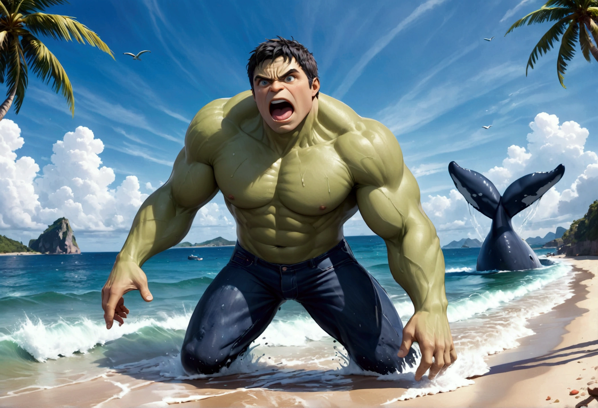 A muscular green humanoid figure, The Incredible Hulk, standing on a beach, has just thrown a massive whale back towards the ocean, the whale mid-air with huge eyes and an open shocked mouth, comical scene, (best quality,4k,8k,highres,masterpiece:1.2),ultra-detailed,(realistic,photorealistic,photo-realistic:1.37),hyperrealistic,3D render,dramatic lighting,vibrant colors,action pose,ocean background,beach setting