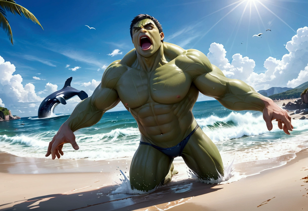 A muscular green humanoid figure, The Incredible Hulk, standing on a beach, has just thrown a massive whale back towards the ocean, the whale mid-air with huge eyes and an open shocked mouth, comical scene, (best quality,4k,8k,highres,masterpiece:1.2),ultra-detailed,(realistic,photorealistic,photo-realistic:1.37),hyperrealistic,3D render,dramatic lighting,vibrant colors,action pose,ocean background,beach setting