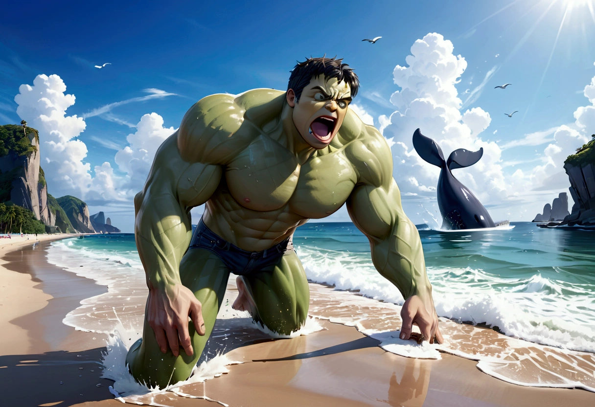 A muscular green humanoid figure, The Incredible Hulk, standing on a beach, has just thrown a massive whale back towards the ocean, the whale mid-air with huge eyes and an open shocked mouth, comical scene, (best quality,4k,8k,highres,masterpiece:1.2),ultra-detailed,(realistic,photorealistic,photo-realistic:1.37),hyperrealistic,3D render,dramatic lighting,vibrant colors,action pose,ocean background,beach setting