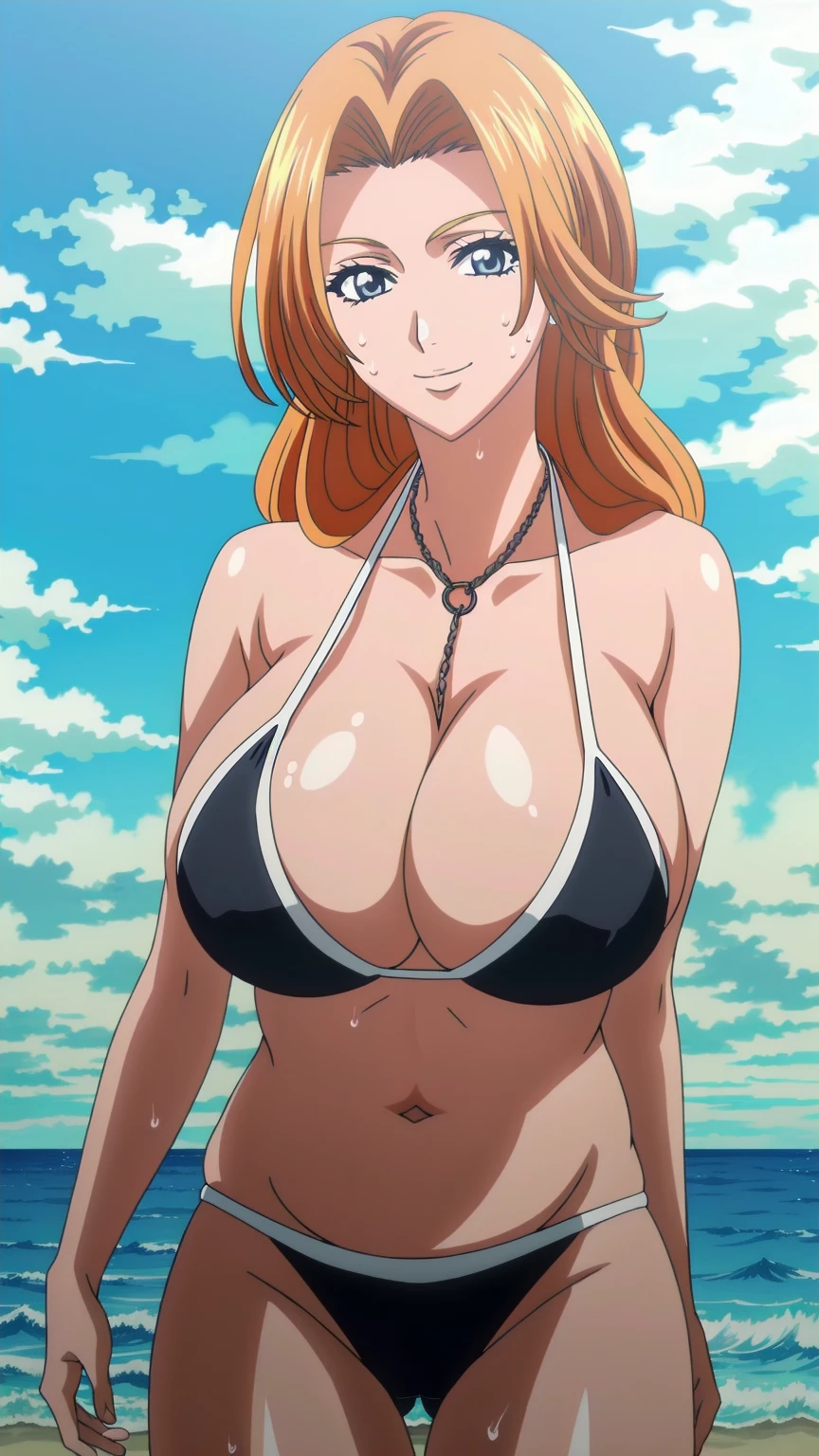 (ultra realistic,32k, masterpiece:1.2),(high detailed skin:1.1),( high quality:1.1),  Rangiku Matsumoto, matsumoto rangiku, 1girl, breasts, solo, long hair,orange hair,looking at viewer, large breasts,standing,huge breasts, smile,(ambient lighting:1.1), (soft shaded:1.1), looking at the viewer, blue theme, blue background, cloudy sky, sunlight, sweat, orgasmic, bikini swimsuit, large breasts, cleavage, belly button exposed, collarbone, thighs, sea and beach,