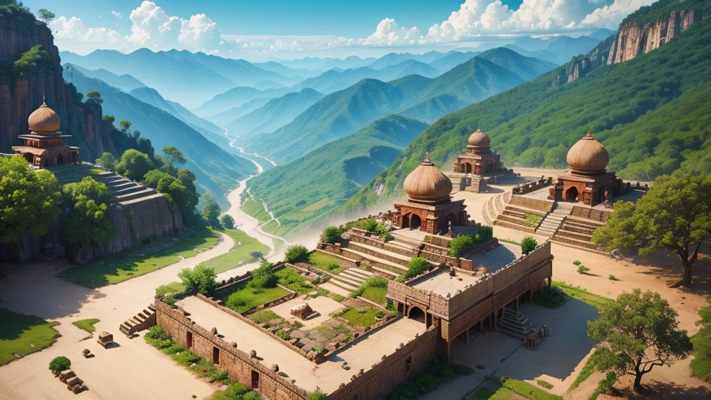 Beautiful scenery of ancient Indian village. Aerial view, Photorealistic photos, High definition.