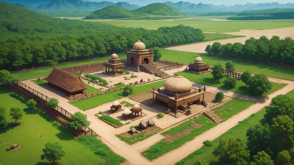 Beautiful scenery of ancient Indian village. Aerial view, Photorealistic photos, High definition.