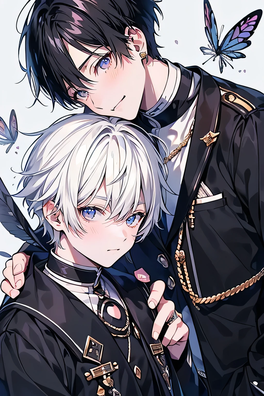 (Piece Fly), (best quality), Very detailed, ((Two friendly boys)), Perfect face, Pretty Face, Very detailed face,(Black-haired man:1.3),(White haired man:1.3),Smile